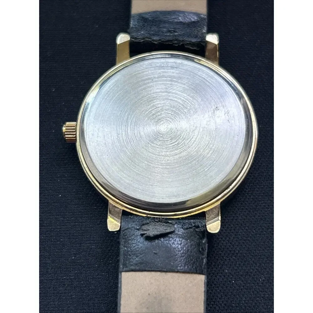 Gold Tone Pearlized Dial Black Band Women’s Quartz Watch